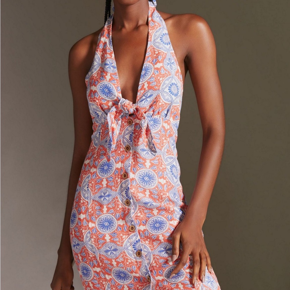 Maeve Coral and Blue Halter Tie-Front Mini Dress